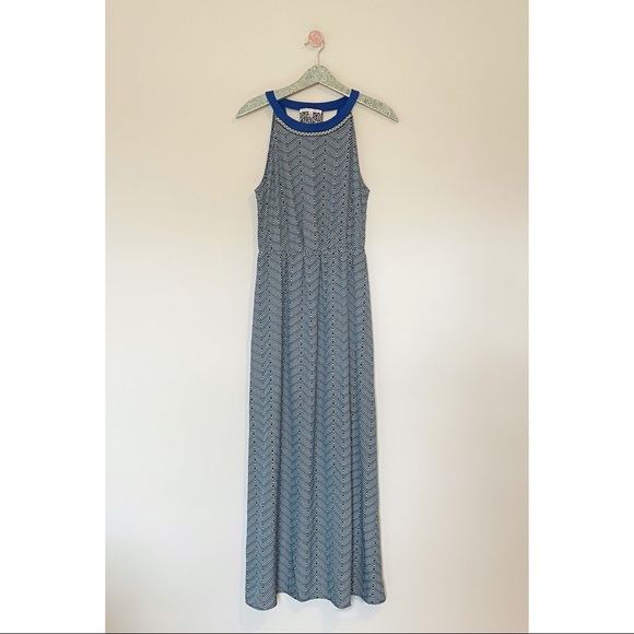 Collective Concepts Blue Geometric Print High Neck Maxi Dress - Picture 1 of 7